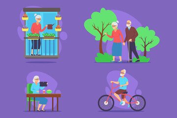 Set of scenes depicting seniors engaged in various joyful activities. Gardening, walking together, dining, and biking. Active lifestyles concept
