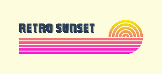 Vintage colorful sunset. Various gradient striped sunrise badges in 80s and 90s style. Sun and ocean view, summer vibes, surfing. Design element for print, logo or t-shirt. Vector illustration