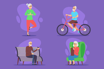 Elderly individuals in dynamic activities, showcasing diverse interests such as yoga, cycling, crafting, and relaxing on bench, reflecting their vibrant lifestyles
