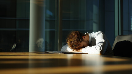 A male employee falls asleep at his office desk from exhaustion. Captures fatigue, overwork, and burnout in a modern professional work environment.