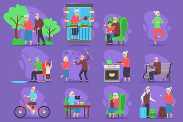 Collection of elderly individuals participating in diverse activities such as gardening, exercising, cooking, and spending time with family