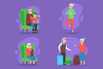 Four illustrations of elderly individuals enjoying diverse activities. One engaged in reading with child, another practicing yoga, third knitting, and last interacting while traveling
