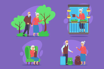 Set of elderly couple engaged in various activities, showcasing moments of companionship, gardening, and travel, set against vibrant, colorful backdrop of nature