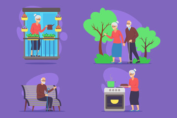 Four diverse illustrations of elderly individuals involved in activities like gardening, walking, cooking, and relaxing