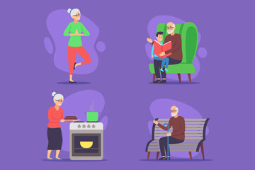 Various daily activities of elderly family members. Grandmother exercising, another preparing food, while grandfather sharing story with child