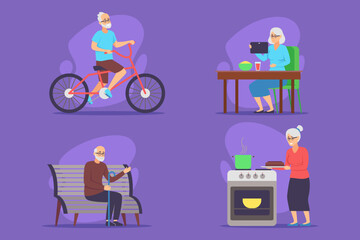 Collection of various daily activities of elderly people, including cycling, enjoying meal, engaging with technology, and cooking. Retirement lifestyles concept