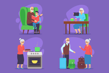 Illustration of various heartwarming family interactions, including grandparents with their grandchild, cooking, and preparing for journey together
