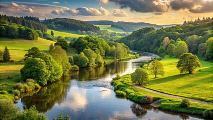 Serene natural scenery by a winding river surrounded by lush greenery and towering trees with gentle hills in the background