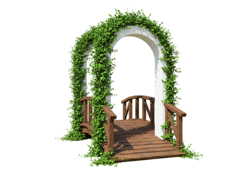 Wooden bridge with ivy archway isolated on transparent background
