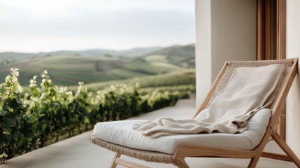 A peaceful balcony scene with a reclining chair overlooking lush vineyards, embodying tranquility and relaxation, perfect for those enjoying nature's beauty in a serene setting.