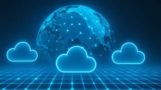 A futuristic digital landscape featuring glowing clouds and a wireframe globe, representing concepts of cloud computing and global connectivity in a tech-driven world.