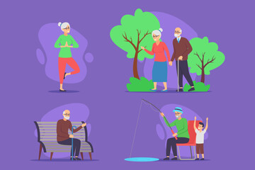Four different scenes of seniors engaged in leisure activities outdoors. People practicing yoga, walking together, fishing, and relaxing on bench