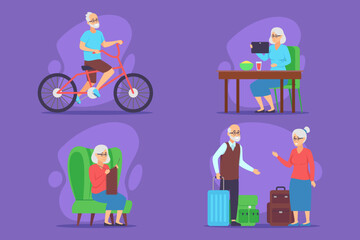 Colorful collection of elderly individuals engaged in various activities such as cycling, enjoying meal, knitting, and preparing for trip, highlighting their vibrant lifestyles
