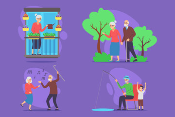 Collection of elderly individuals engaging in various activities. Planting flowers, walking in park, dancing joyfully, and fishing peacefully. Moments of happiness concept