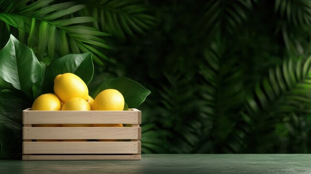 A rustic wooden crate filled with fresh lemons against a vibrant green backdrop, representing freshness and the beauty of nature, ideal for promoting healthy living and culinary delights.
