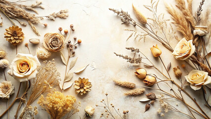 A beautiful flatlay featuring an arrangement of dried flowers in various shades of beige and cream, creating a rustic and elegant aesthetic