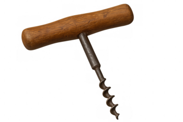 Antique corkscrew with wooden handle isolated on transparent background, perfect for vintage or wine-related designs