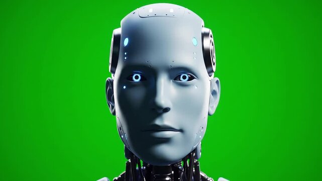 Futuristic humanoid AI robot head on solid chroma green background (#00FF00), centered, isolated, detailed, no other objects or distractions.


