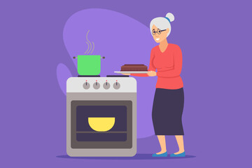 Elderly woman standing in vibrant kitchen, smiling while taking chocolate cake out of oven. Pot simmering on stove, filling space with warmth and comfort