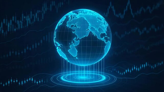 A futuristic representation of a glowing globe with data visualizations, symbolizing global connectivity and technological advancement in a digital world.