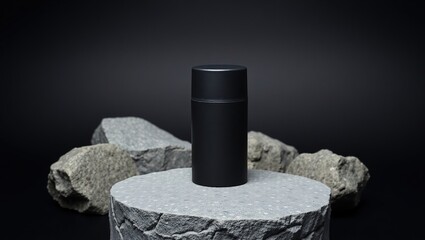Minimalist still life of matte black cylindrical deodorant on gray stone pedestal, surrounded by rugged rocks. Dramatic lighting, dark background, earthy textures, sleek product focus.

