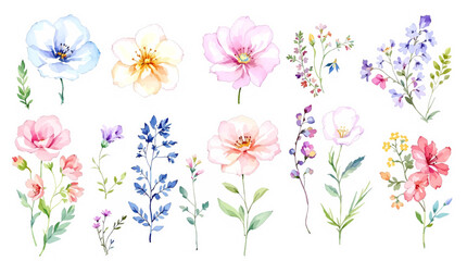 Set of spring flowers watercolor, set of colorful flowers