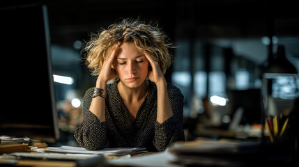 Fototapeta premium A female employee looks frustrated with unfinished office work. Captures stress, pressure, and emotional exhaustion in a modern professional environment.