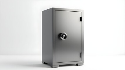 Steel bank safe stands on white background with realistic metal details.
