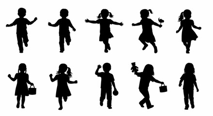 Fototapeta premium Silhouette Group of Children Playing Running Together Illustration