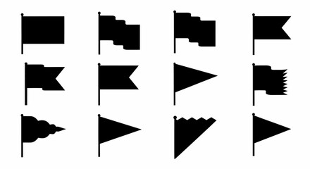 Collection of Black Flag Icons and Silhouettes on White Background