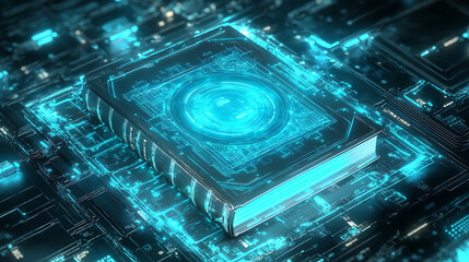 3D book cover mockup spinning inside holographic interface, digital glow, techy UI elements surrounding the book, futuristic sci-fi theme for e-book or concept reveal.
