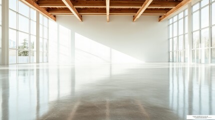 Obraz premium An expansive, bright interior showcases stunning wooden beams and polished floors, emphasizing modern minimalism and creating a captivating atmosphere for creativity.