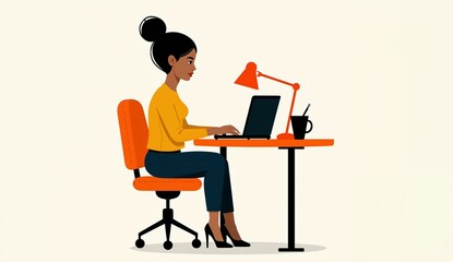 A woman is working at a desk with a laptop, lamp, and coffee cup.