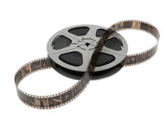 Vintage film reel with black and white footage isolated on transparent background
