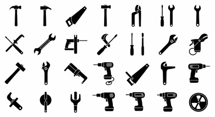 Assorted Hand Tools and Power Tools Black and White Vector Icons