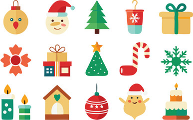Fototapeta premium Christmas Clipart Set Featuring Flat Vector Holiday Icons and Decals
