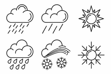 Weather icons showing sun rain clouds and snow in simple line art