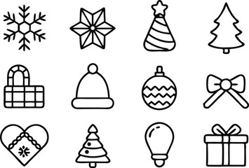 Fototapeta premium Christmas decorations outlined monochrome vector icon set