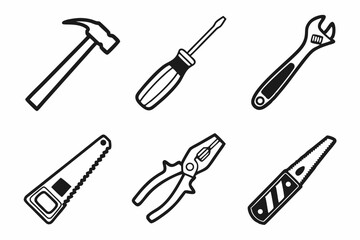 Naklejka premium Hammer screwdriver wrench saw and pliers icons isolated on white background