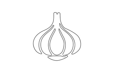 Garlic vector illustration, background. One line drawing art illustration with lettering,  one line drawing two whole healthy freshness organic bulb onion for harvesting logo identity. 