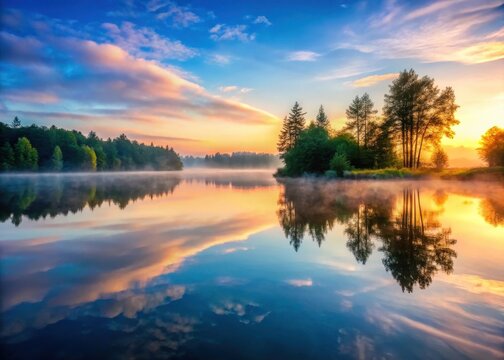 A serene lake at dawn with mist rising from the water surface and trees in the background - Powered by Adobe