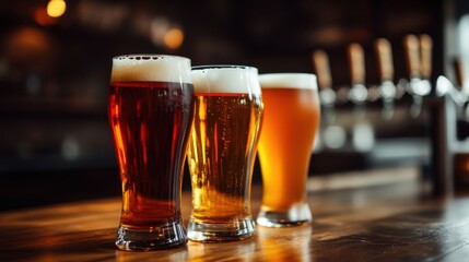 This visually appealing image features three glasses of beer with foamy tops that glisten in warm light, inviting viewers to savor the moment of enjoyment and camaraderie.
