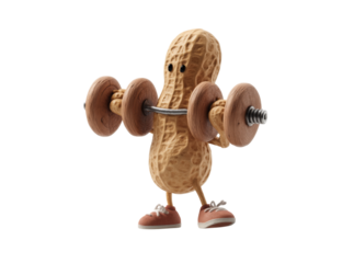 Strong peanut cartoon character lifting weights exercise fitness, Isolated On White, Png Transparent