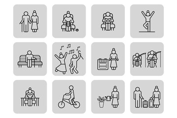 Collection of line art icons representing senior individuals engaging in different activities such as dancing, exercising, and gardening, showcasing vibrant lifestyles