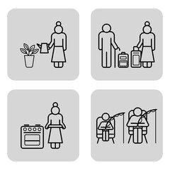 Collection of line drawings showcasing seniors engaged in various activities like watering plants, traveling, cooking, and fishing