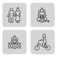 Four line icons of diverse activities of seniors. Couple walking, knitting, working, and riding bicycle. Active lifestyles concept