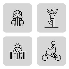 Four distinct line icons of senior adults enjoying activities. Reading, exercising, working at desk, and riding bicycle. Wellness and engagement concept