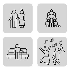 Collection of various icons illustrating activities for elderly, including walking, enjoying music, and relaxing. Engagement in social and leisurely pursuits concept