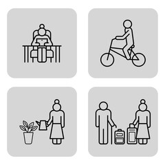 Four distinct line icons of various activities of seniors, showcasing senior using computer, riding bicycle, watering plant, and engaging in conversation with another senior