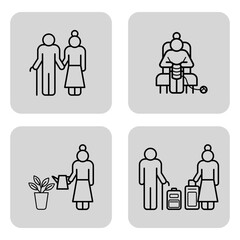 Four line icons of various activities associated with seniors. Companionship, caregiving, knitting, and assistance with luggage. Senior life concept